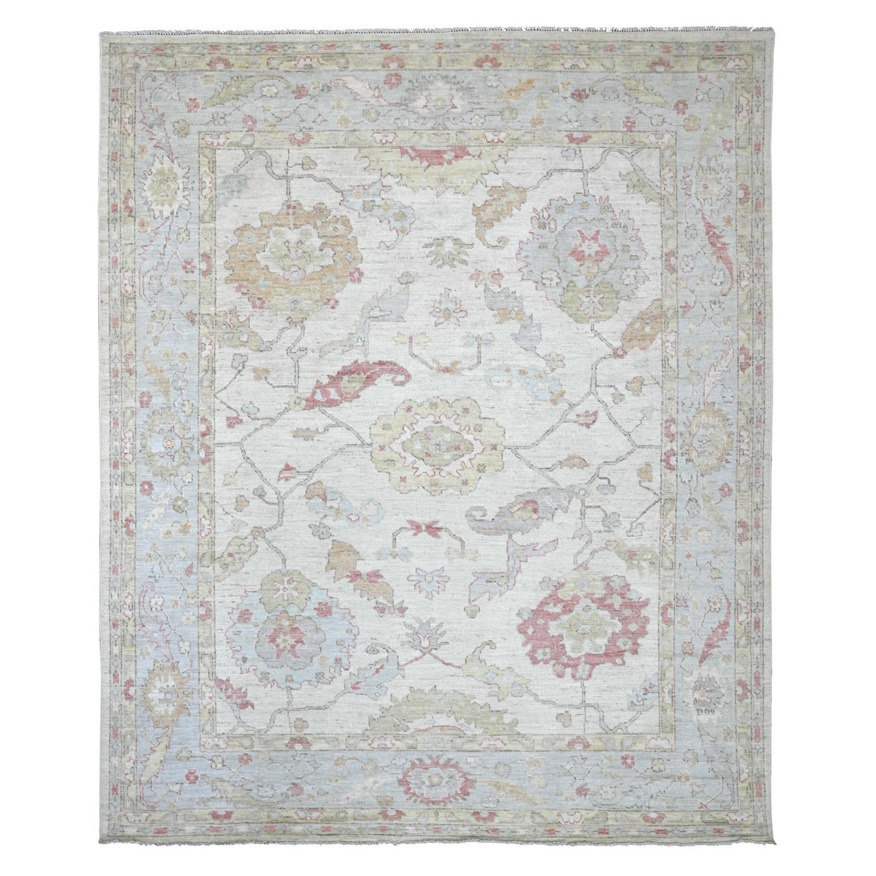 8'x9'9" Pearl White, Afghan Angora Oushak with All Over Leaf Design, Hand Knotted, 100% Wool, Vegetable Dyes, Oriental Rug 